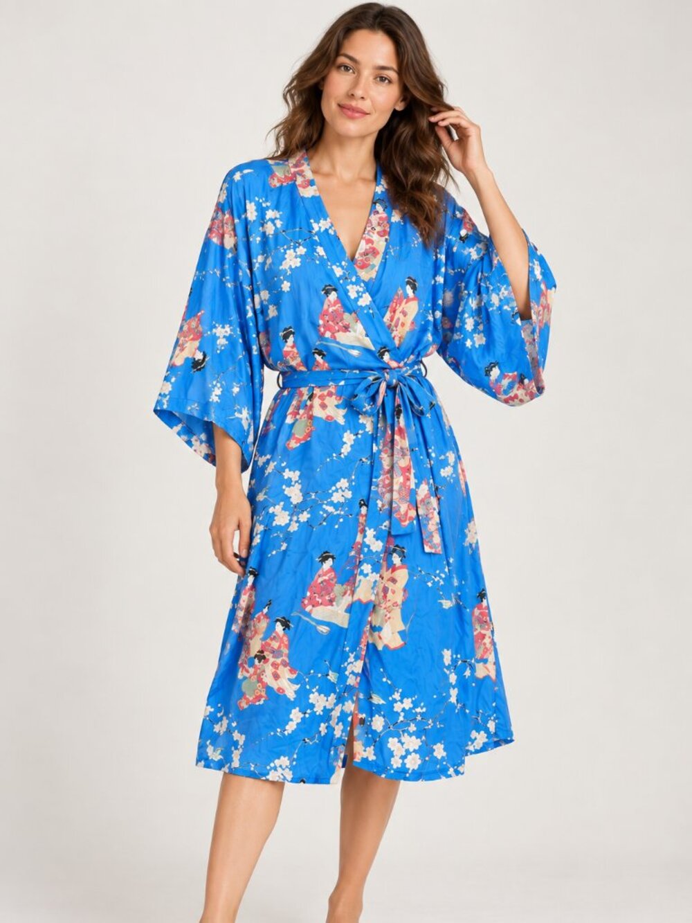 Sakurai Shoji Kimono Robe Women Blue Silk Floral Print Belted Long Japan P4482